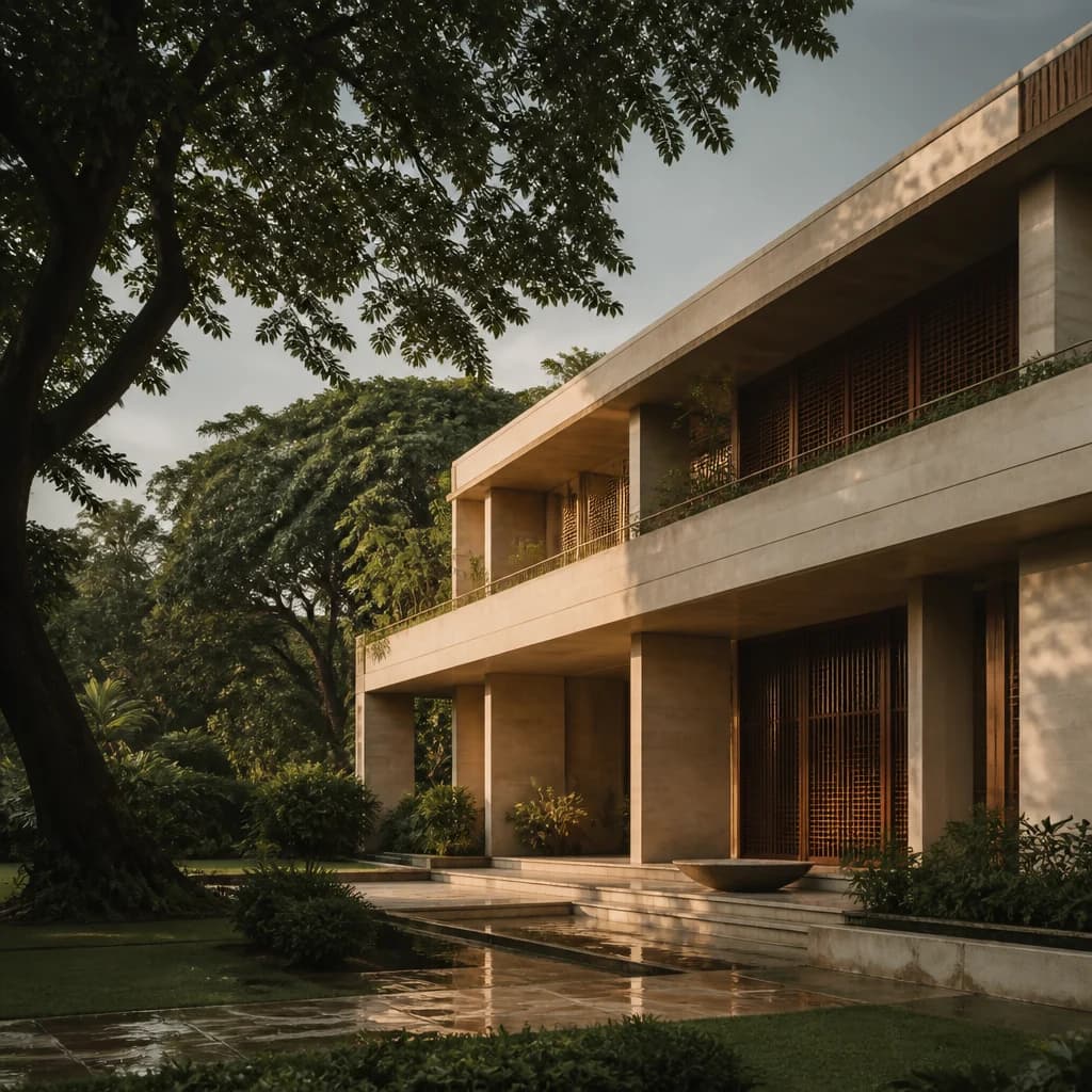 Contemporary residence framed by mature trees